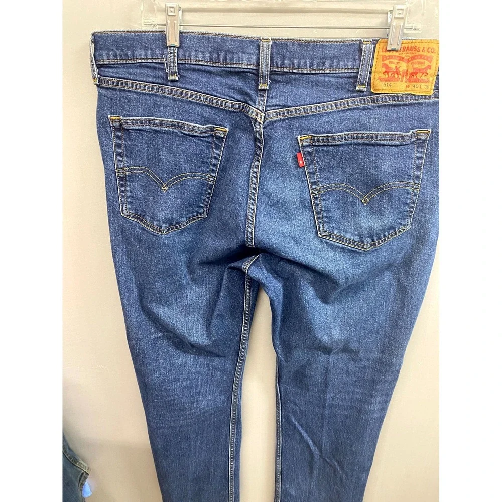 Levi's 514 Jeans Mens 40x30 Blue Denim Stretch Dark Wash Whiskered Straight Leg